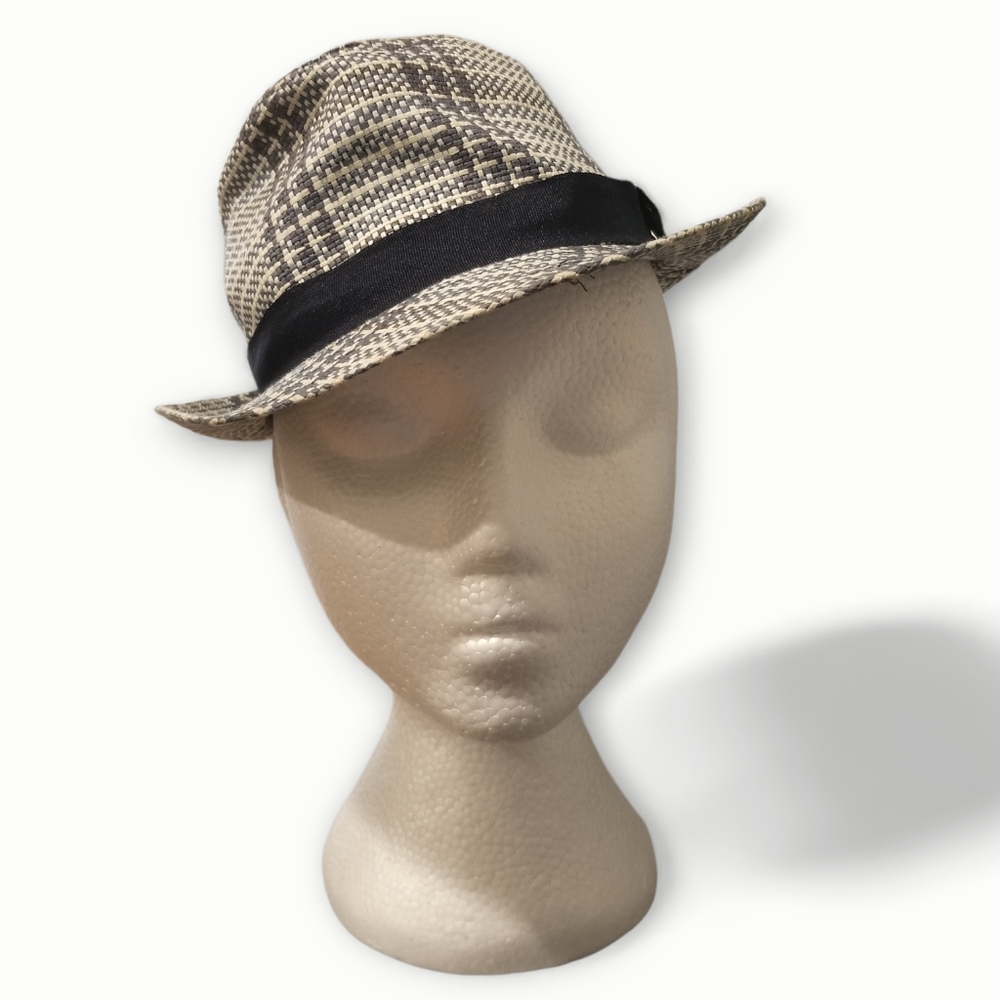 Navy/White Plaid Straw Fedora, 4-6T